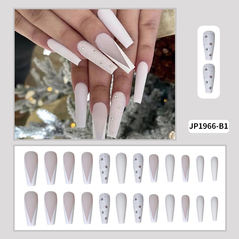 Extreme Long Coffin Press on Nails with Rhinestone Pink Glitter Stick on Fakenail Nails Decorated Artificial Finger Nails